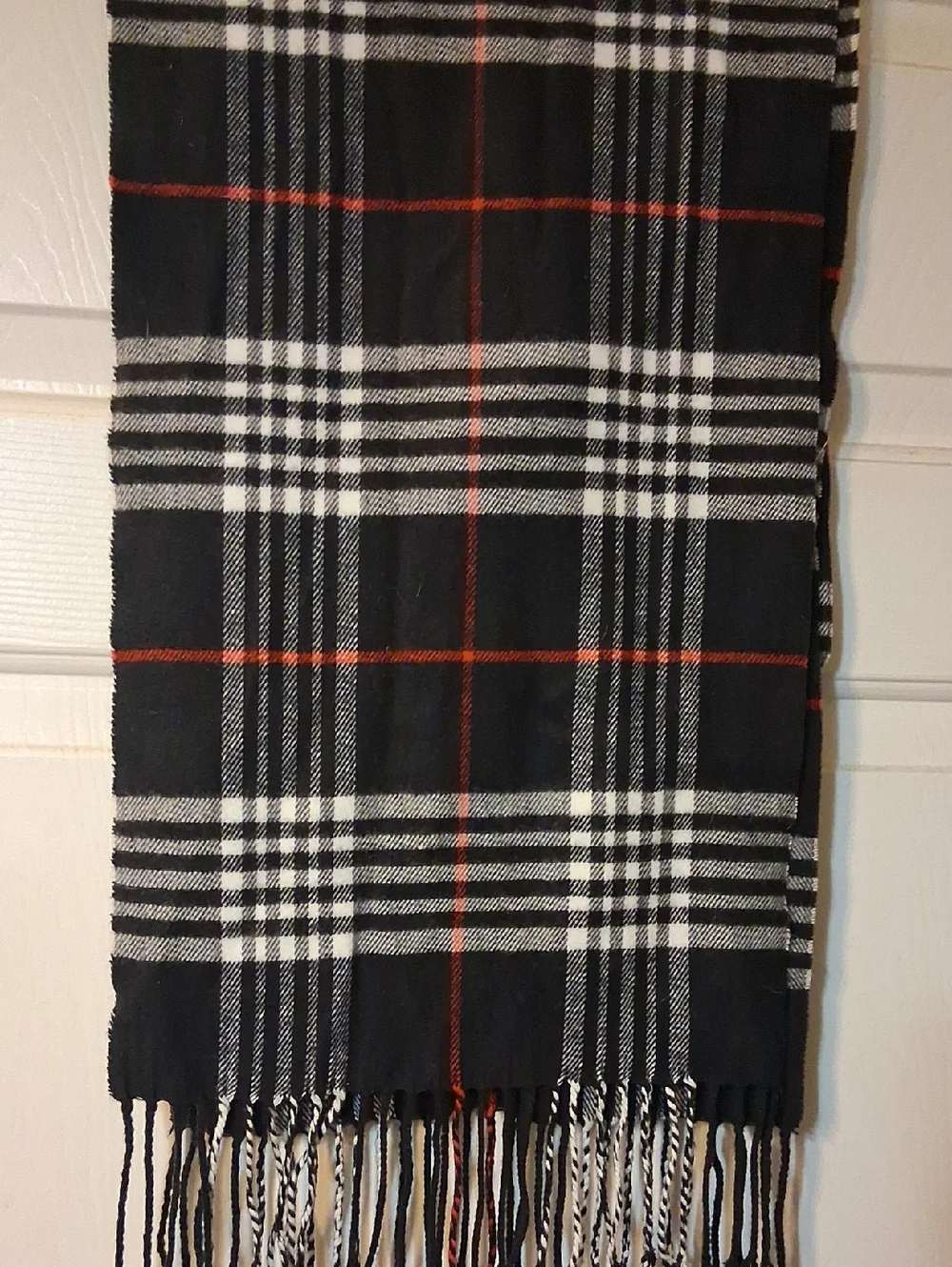 Black Plaid Burberry Cashmere Women's Scarf with Red Accent Stripe